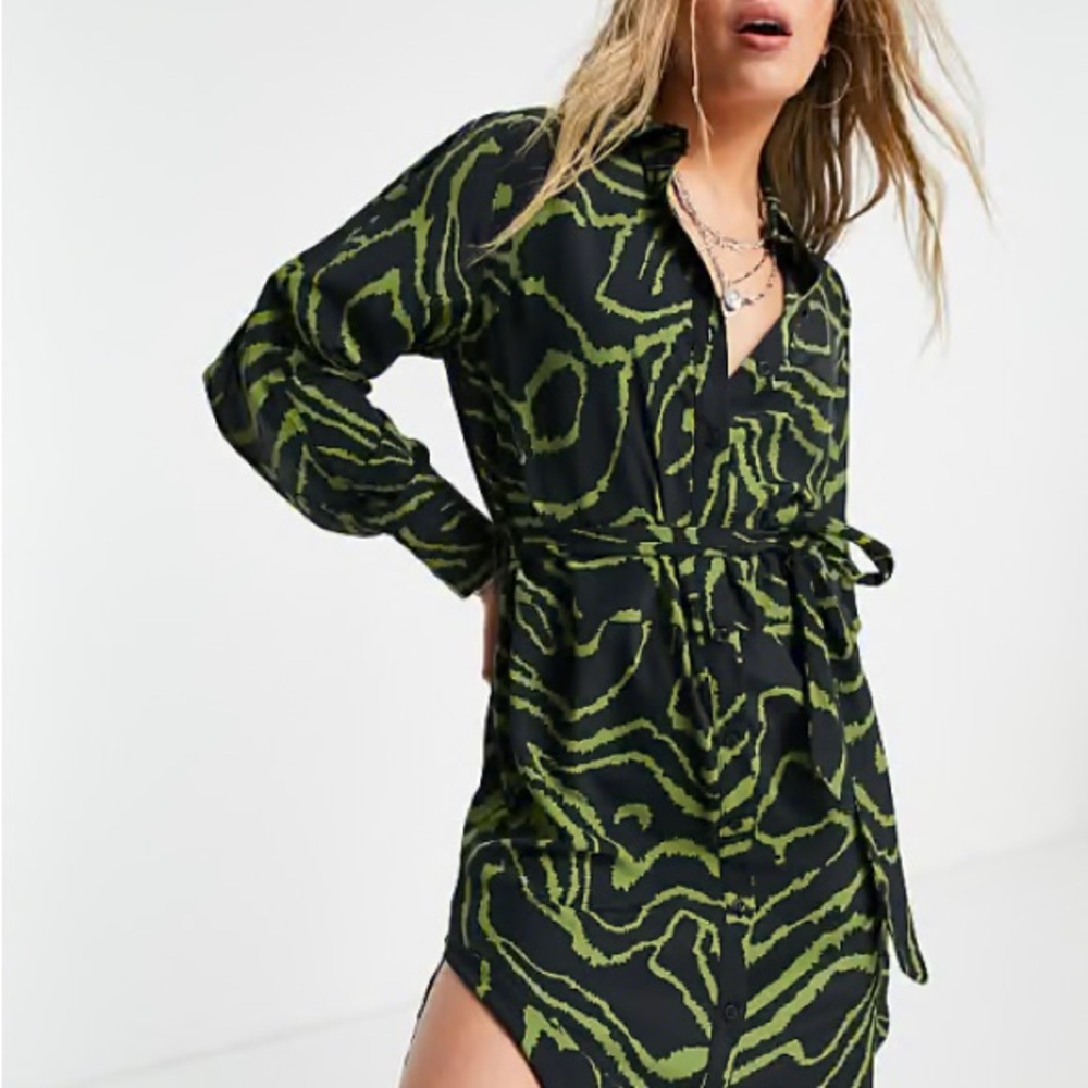 Topshop Black and Green Patterned Shirt Dress